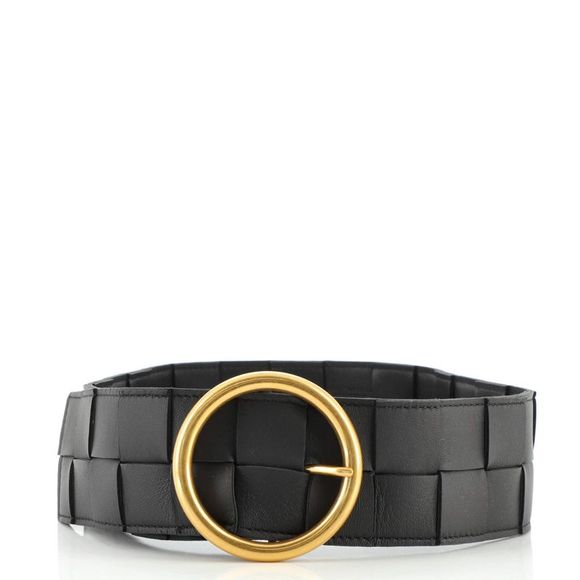 Bottega Veneta Circular Buckle Belt Maxi Intrecciato Leather Wide 75 Black - Picture 3 of 6